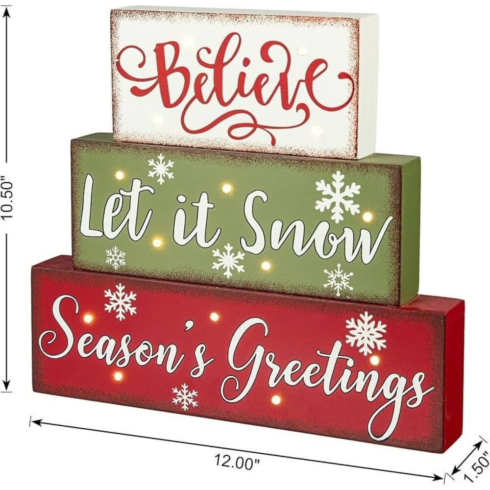 Glitzhome Wooden Block Sign Christmas Believe Let It snow, seasons greetings